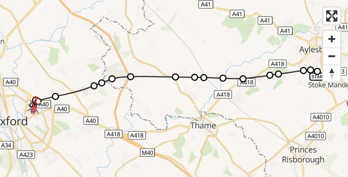 Flight route Air Ambulance Helicopter Stoke Mandeville - Oxford, 25 September 2026, 15:35