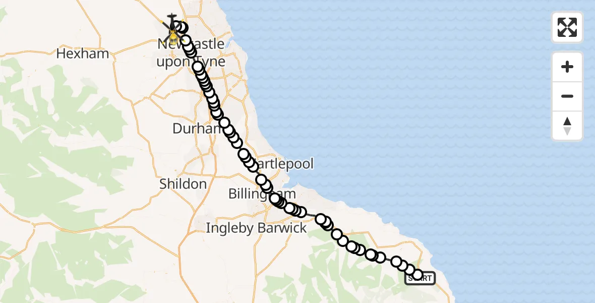Flight route Police Helicopter Fylingdales - Newcastle International Airport, 25 September 2026, 15:41