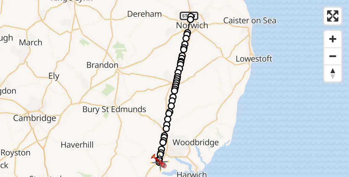 Flight route Air Ambulance Helicopter Norwich Airport - Little Wenham, 25 September 2026, 15:53