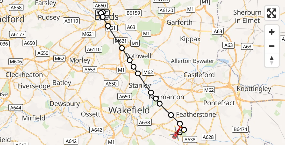 Flight route Air Ambulance Helicopter Woodhouse - YAA Nostell Helicopter Port, 25 September 2026, 15:57