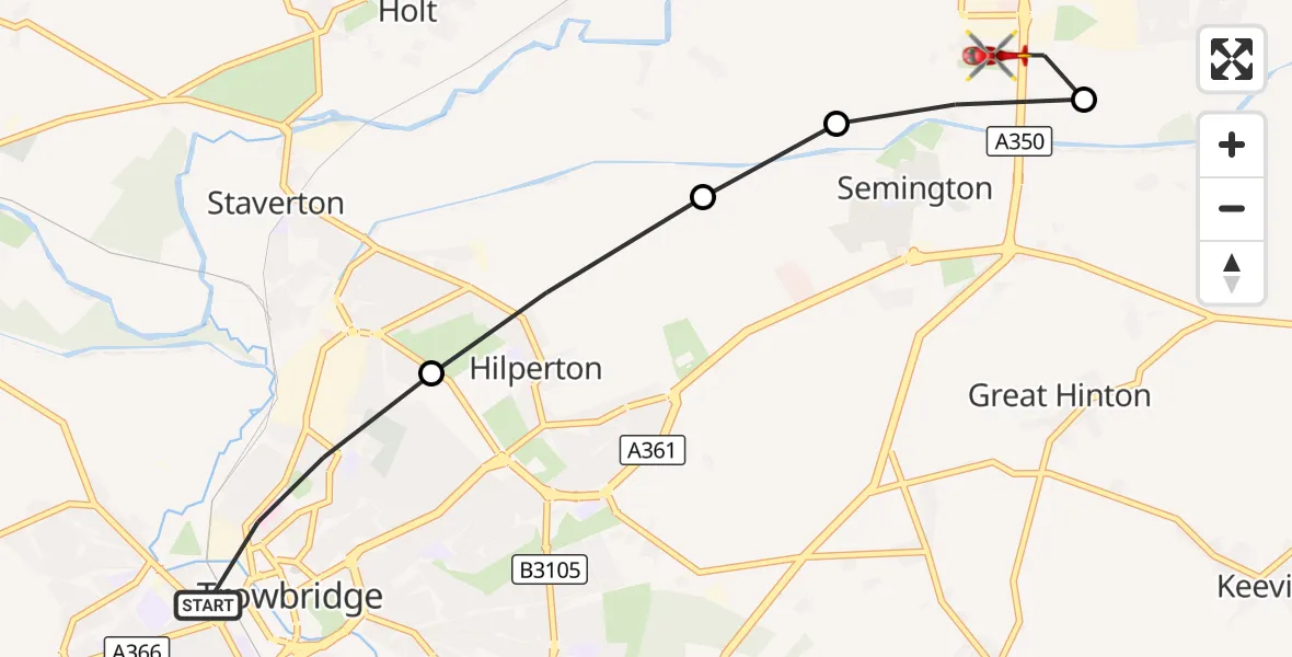 Flight route Air Ambulance Helicopter Trowbridge - Melksham, 25 September 2026, 15:59