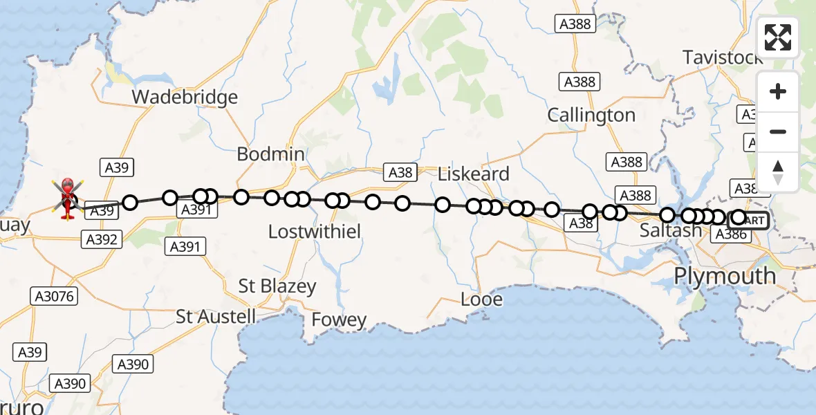 Flight route Air Ambulance Helicopter Derriford Hospital - Cornwall Airport Newquay, 25 September 2026, 16:01