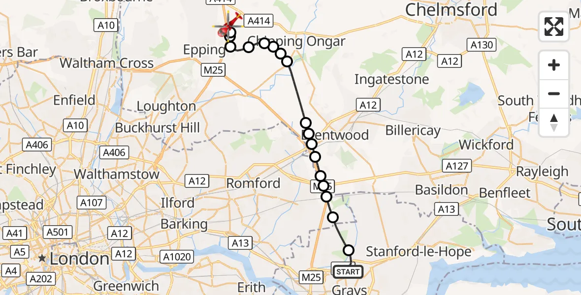 Flight route Air Ambulance Helicopter Grays - North Weald Airfield, 25 September 2026, 16:03
