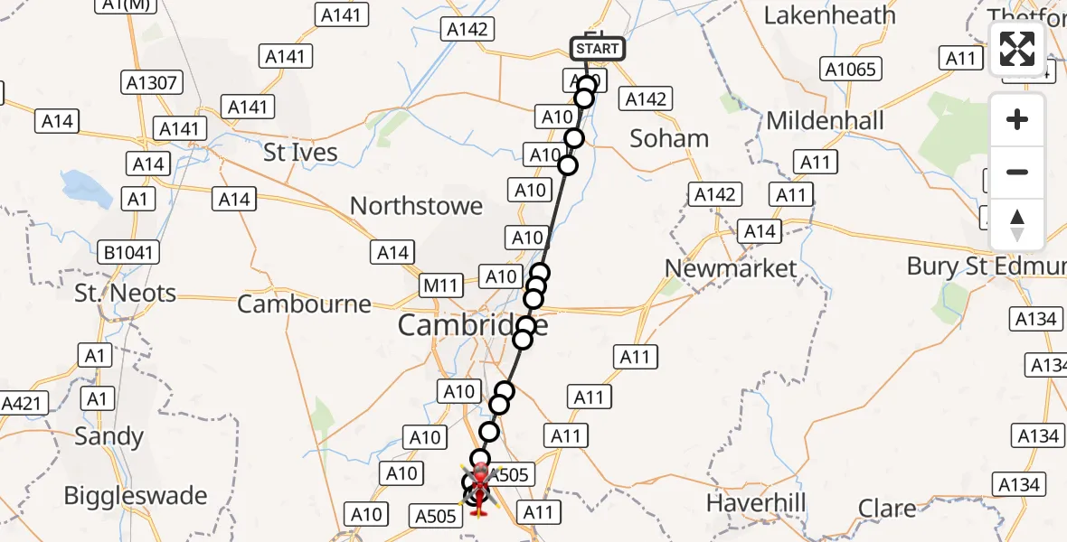 Flight route Air Ambulance Helicopter Ely - Duxford Aerodrome, 25 September 2026, 16:10