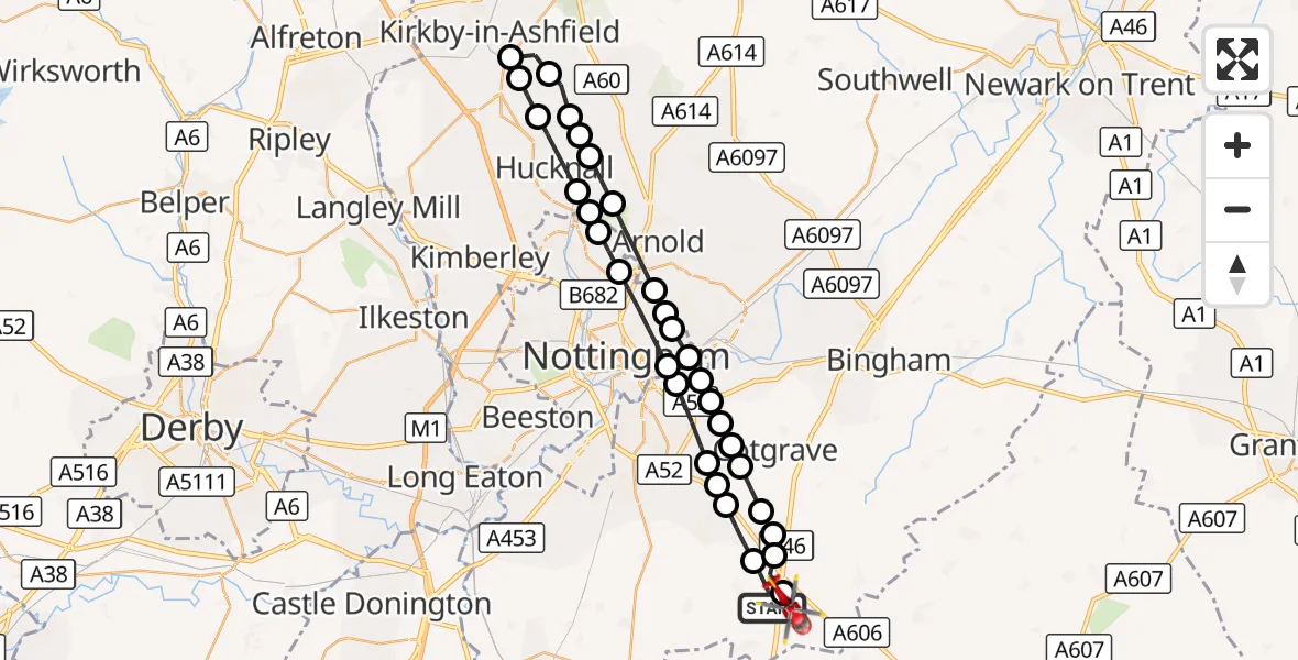 Flight route Air Ambulance Helicopter Widmerpool - Nottingham Heliport, 25 September 2026, 16:13