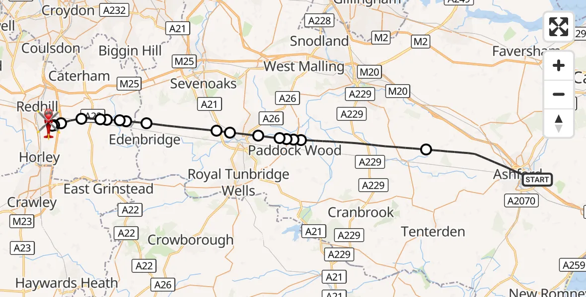 Flight route Air Ambulance Helicopter Ashford - Redhill Aerodrome, 25 September 2026, 16:19