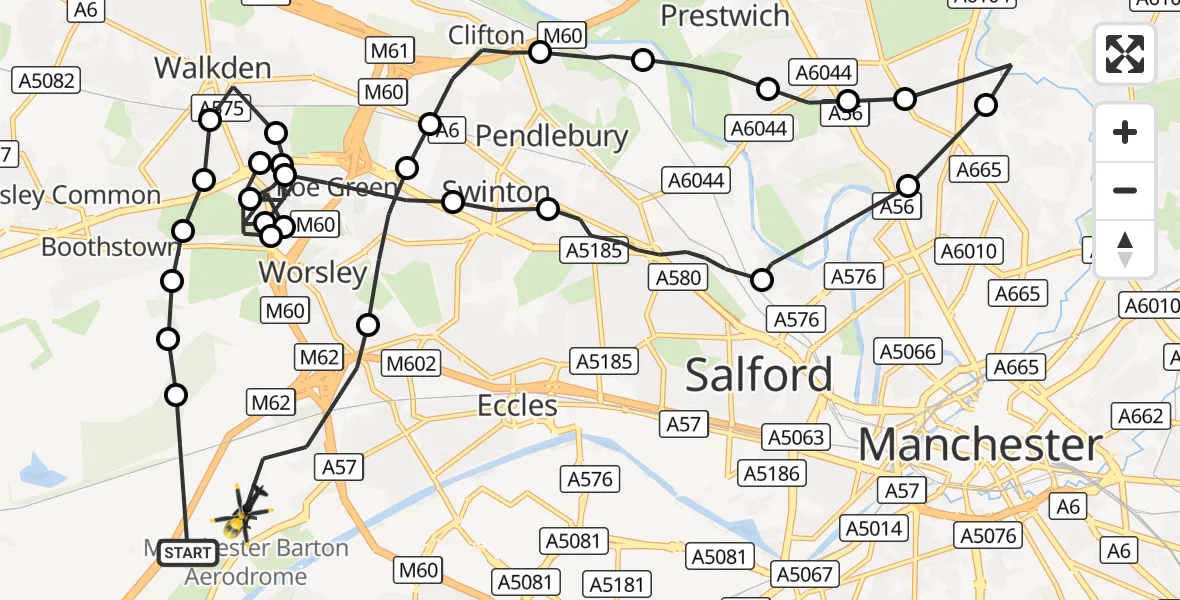 Flight route Police Helicopter Eccles - Manchester Barton Aerodrome, 25 September 2026, 16:48
