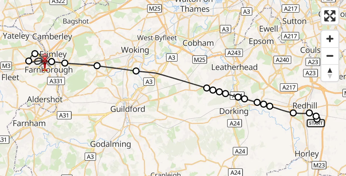 Flight route Air Ambulance Helicopter Redhill Aerodrome - Farnborough, 25 September 2026, 16:59