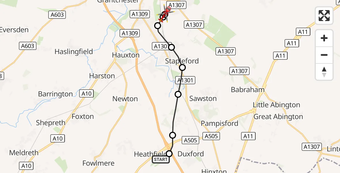 Flight route Air Ambulance Helicopter Duxford Aerodrome - Papworth Hospital, 25 September 2026, 17:00