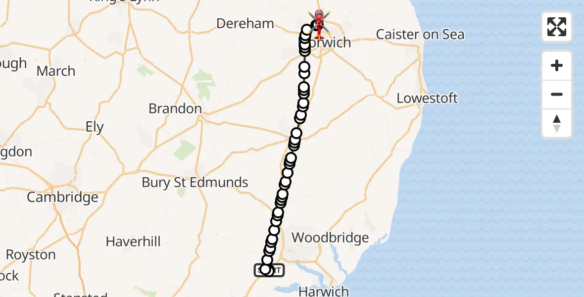 Flight route Air Ambulance Helicopter Capel St Mary - Norwich Airport, 25 September 2026, 17:07