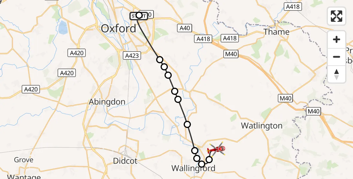 Flight route Air Ambulance Helicopter John Radcliffe Hospital - RAF Benson, 25 September 2026, 17:08