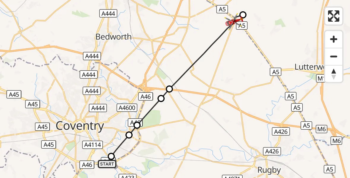Flight route Air Ambulance Helicopter Coventry Airport - Rugby, 25 September 2026, 17:10