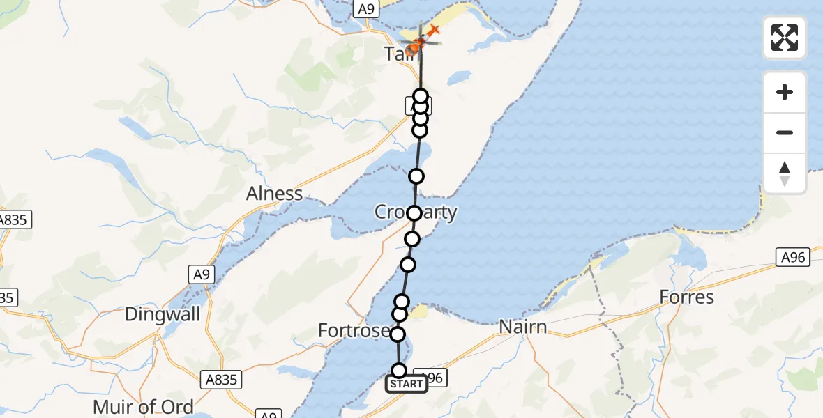 Flight route Coastguard Helicopter Inverness Airport - Tain, 25 September 2026, 17:13