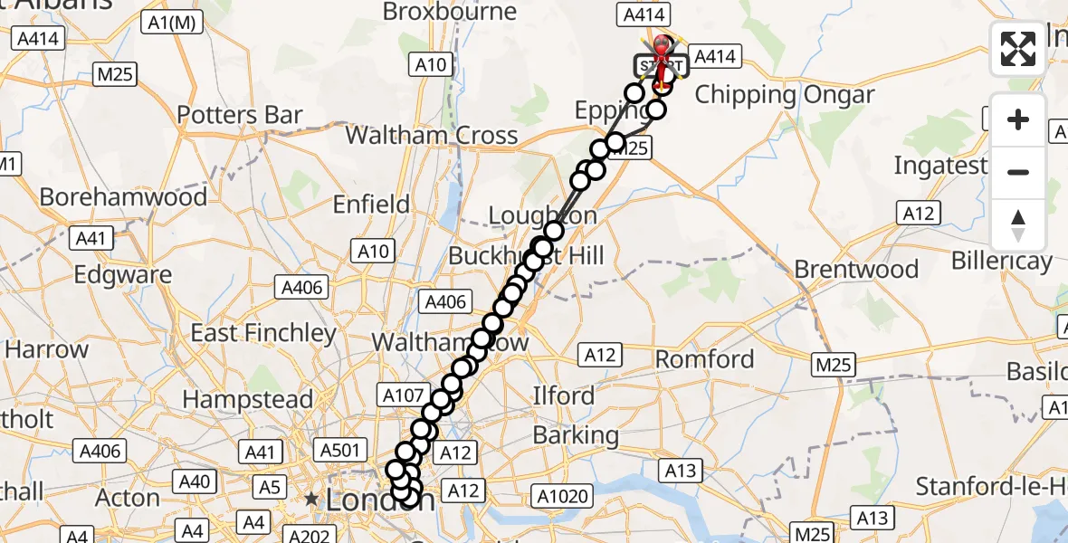 Flight route Air Ambulance Helicopter North Weald Airfield - North Weald Airfield, 25 September 2026, 17:22