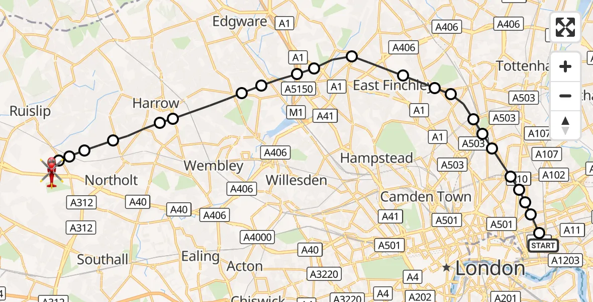 Flight route Air Ambulance Helicopter Royal London Hospital - RAF Northolt, 25 September 2026, 17:24