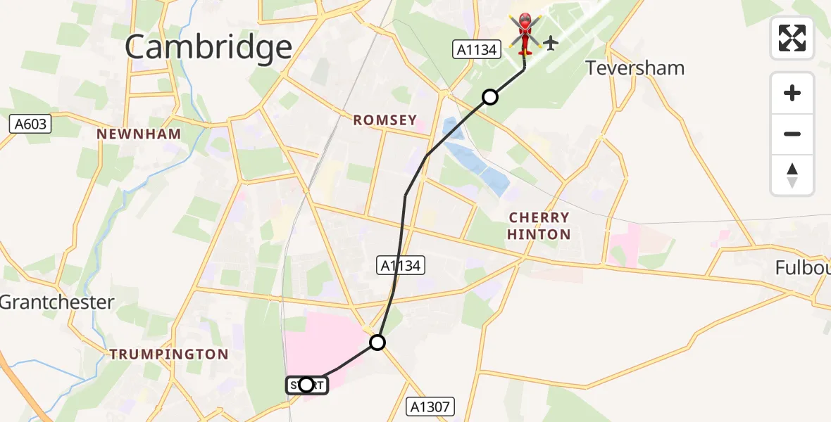 Flight route Air Ambulance Helicopter Papworth Hospital - Cambridge City Airport, 25 September 2026, 17:32