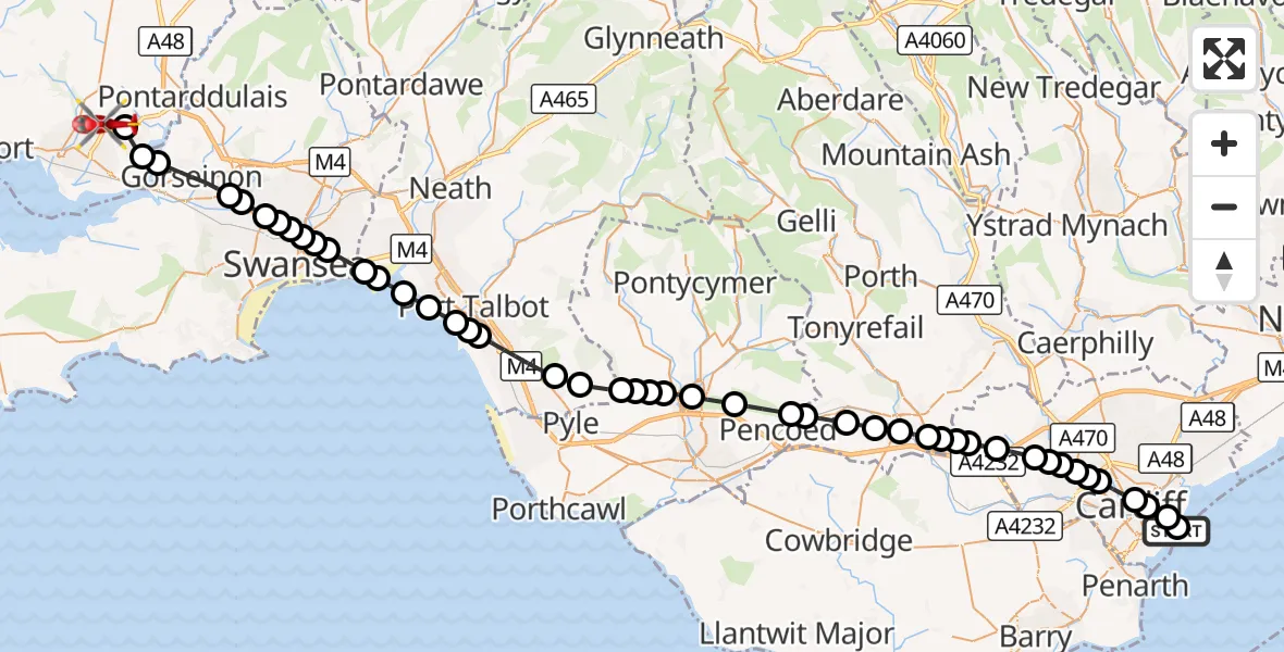 Flight route Air Ambulance Helicopter Cardiff Heliport - Dafen, 25 September 2026, 17:34