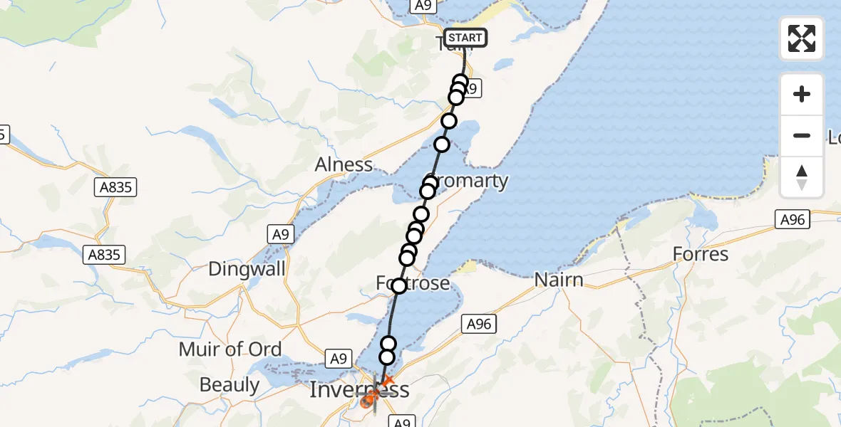 Flight route Coastguard Helicopter Tain - Inverness, 25 September 2026, 17:53