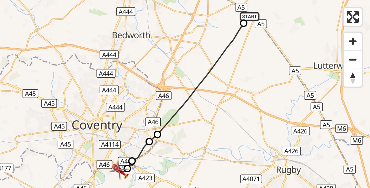 Flight route Air Ambulance Helicopter Rugby - Coventry Airport, 25 September 2026, 17:59