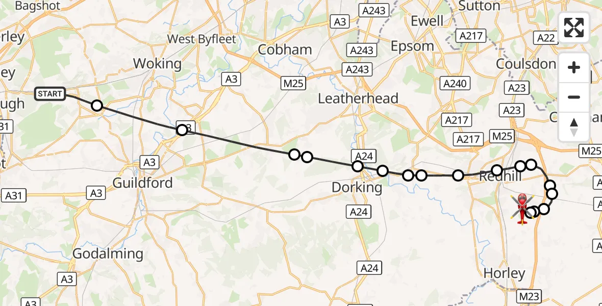 Flight route Air Ambulance Helicopter Guildford - Redhill Aerodrome, 25 September 2026, 18:20