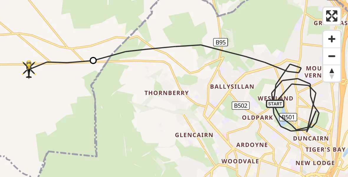 Flight route Police Helicopter Belfast City District - Antrim and Newtownabbey District, 25 September 2026, 18:23