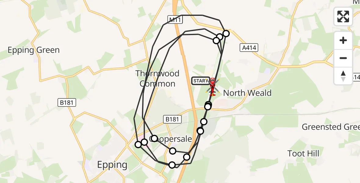 Flight route Air Ambulance Helicopter North Weald Airfield - North Weald Airfield, 25 September 2026, 18:31