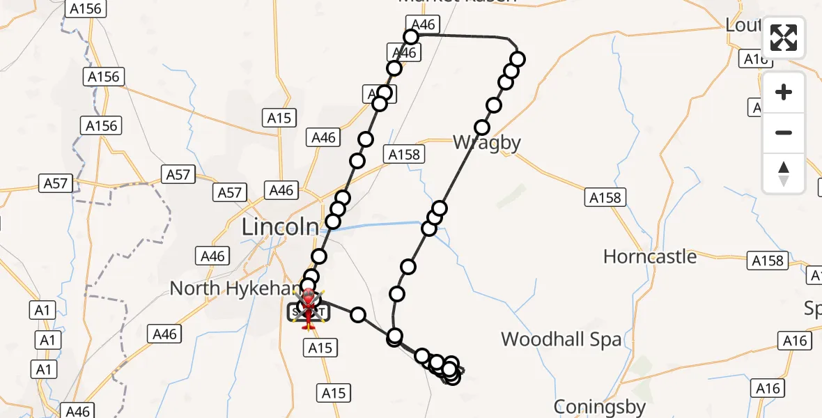 Flight route Air Ambulance Helicopter RAF Waddington - North Kesteven, 25 September 2026, 18:37