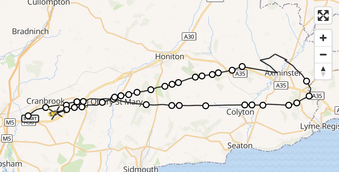 Flight route Police Helicopter Exeter International Airport - Rockbeare, 25 September 2026, 18:44