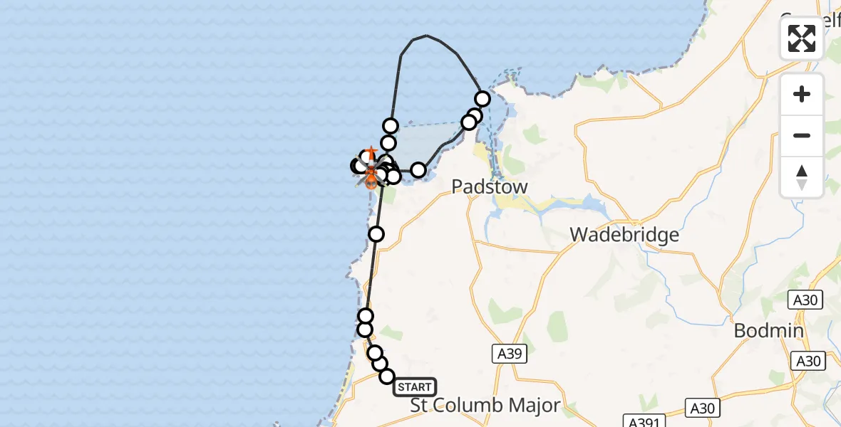 Flight route Coastguard Helicopter Cornwall Airport Newquay - Constantine Bay, 25 September 2026, 18:47