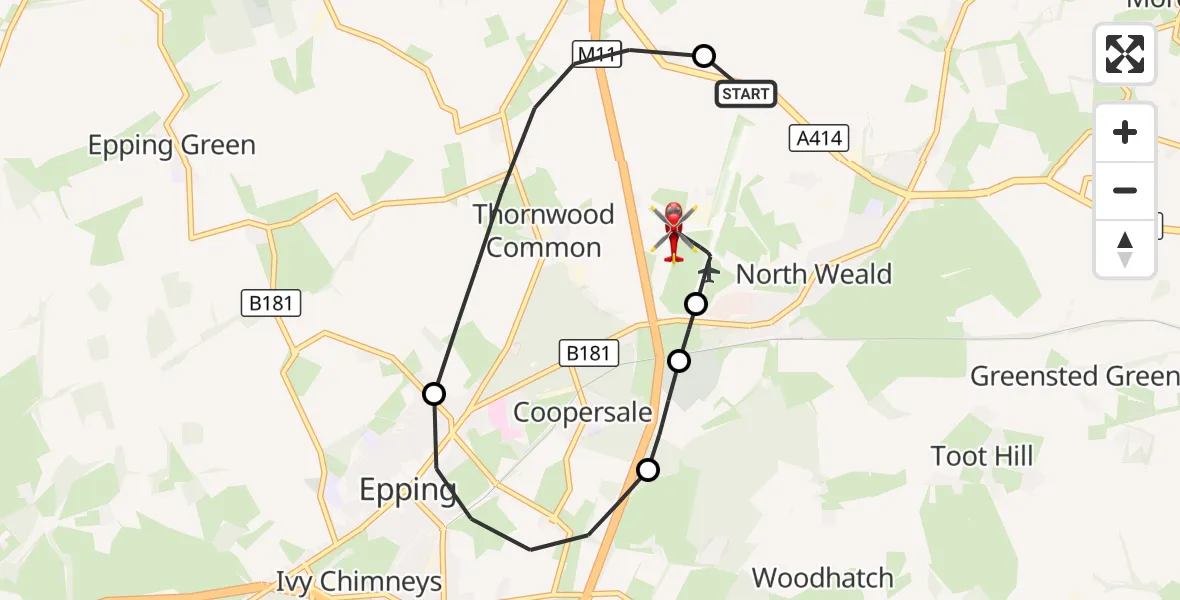Flight route Air Ambulance Helicopter North Weald Airfield - North Weald Airfield, 25 September 2026, 18:57