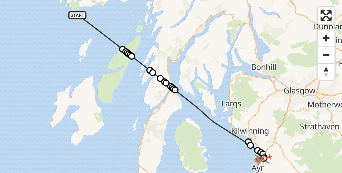 Flight route Coastguard Helicopter Inner Seas - Glasgow Prestwick Airport, 25 September 2026, 19:03