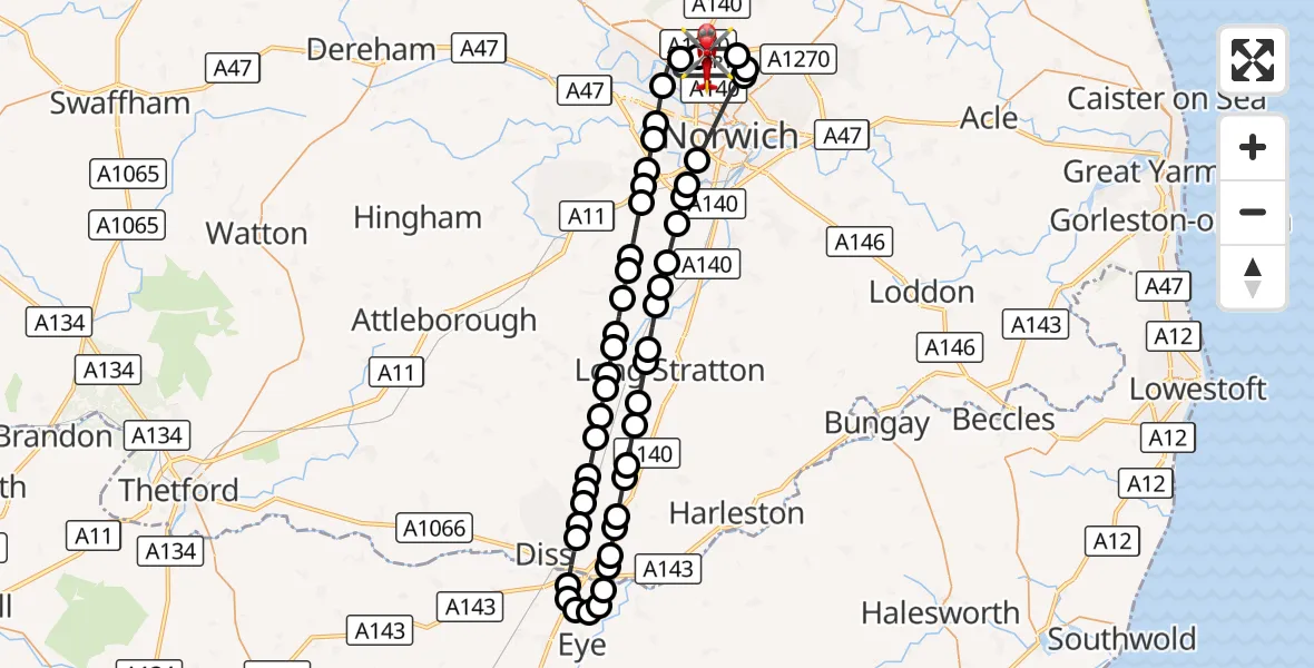 Flight route Air Ambulance Helicopter Norwich Airport - Norwich Airport, 25 September 2026, 20:06