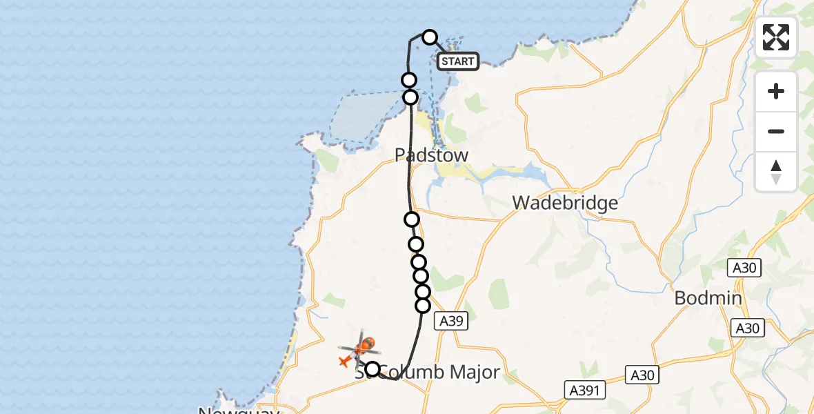 Flight route Coastguard Helicopter New Polzeath - Cornwall Airport Newquay, 25 September 2026, 20:09