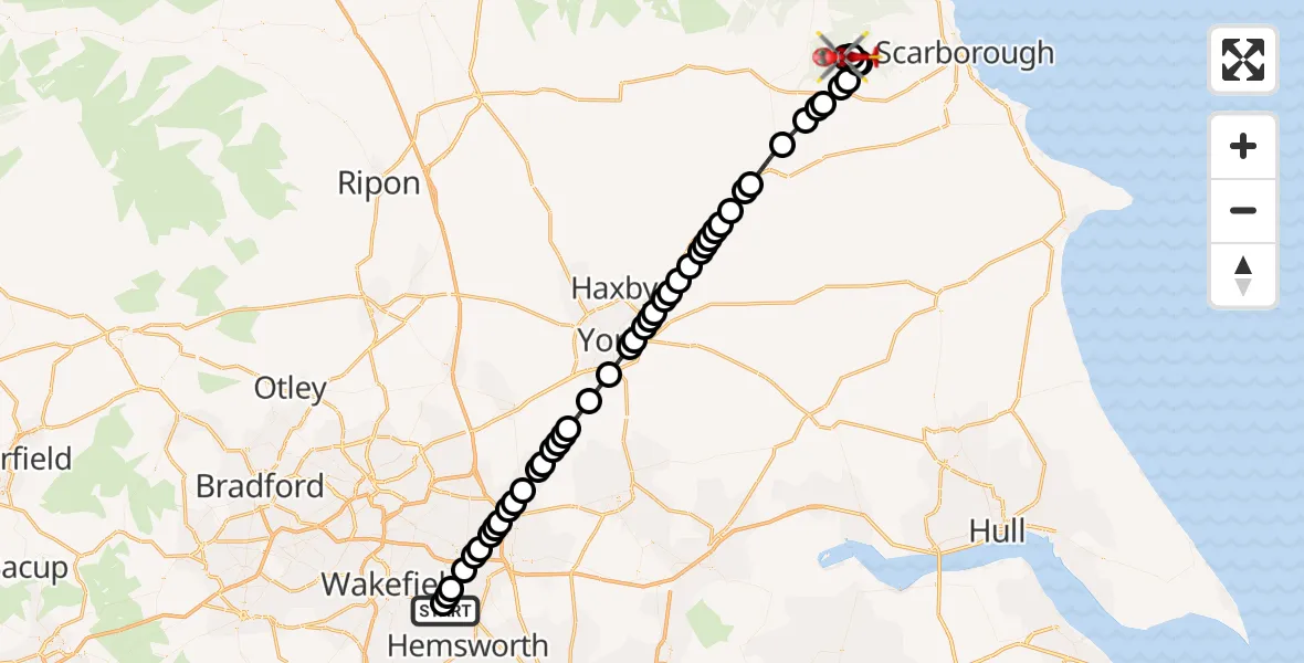 Flight route Air Ambulance Helicopter YAA Nostell Helicopter Port - Ebberston and Yedingham, 25 September 2026, 20:14