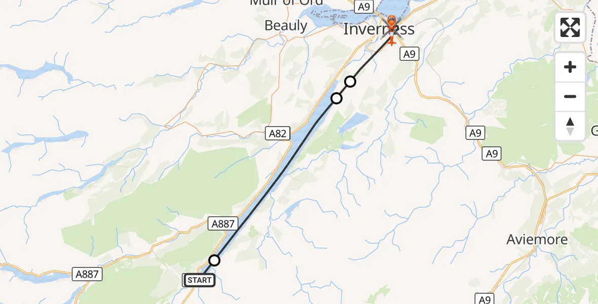 Flight route Coastguard Helicopter Fort Augustus - Inverness, 25 September 2026, 20:35