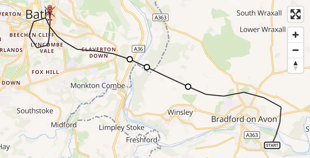 Flight route Air Ambulance Helicopter Bradford-on-Avon - Bath, 25 September 2026, 20:55