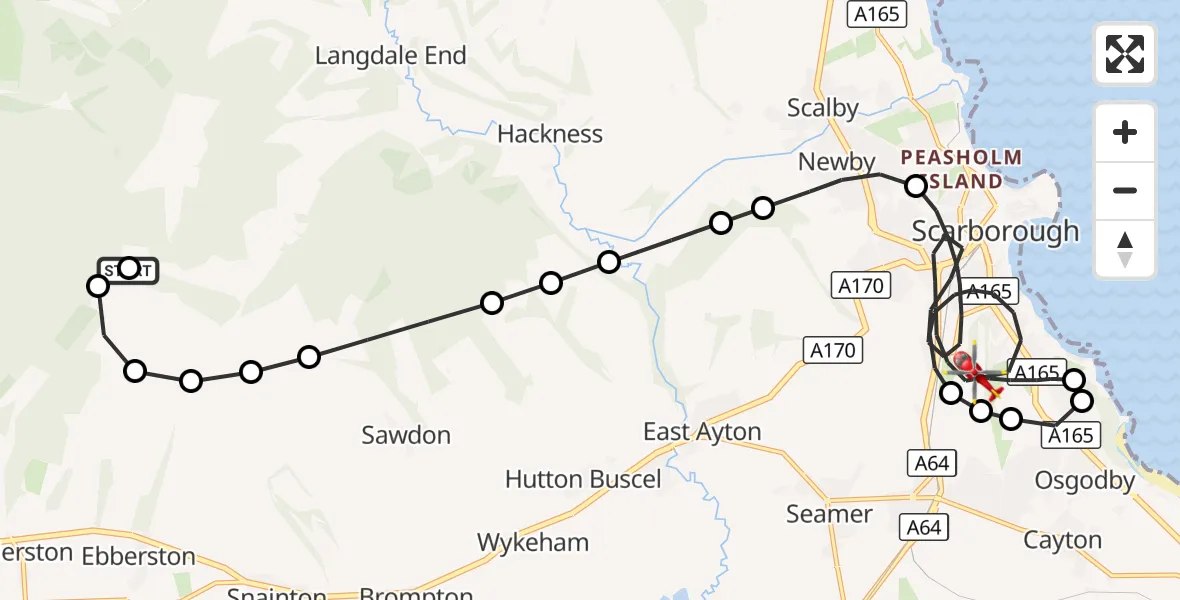Flight route Air Ambulance Helicopter Ebberston - Scarborough, 25 September 2026, 21:23