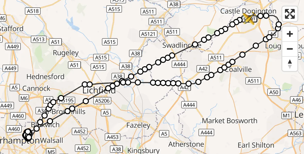 Flight route Police Aircraft East Midlands Airport - East Midlands Airport, 25 September 2026, 21:47