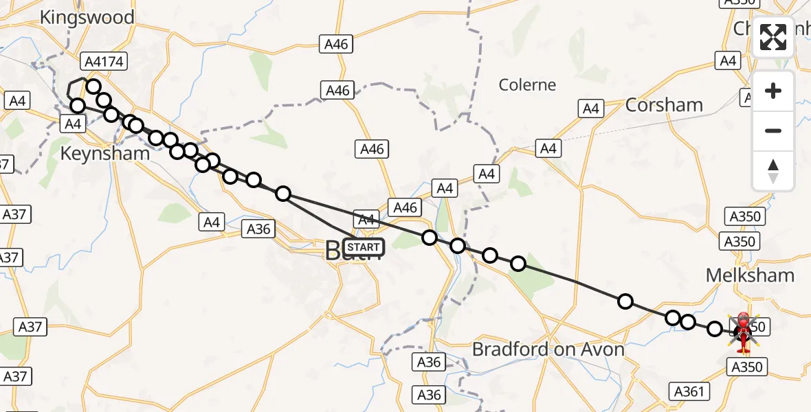 Flight route Air Ambulance Helicopter Bath - Wiltshire Air Ambulance, 25 September 2026, 22:03