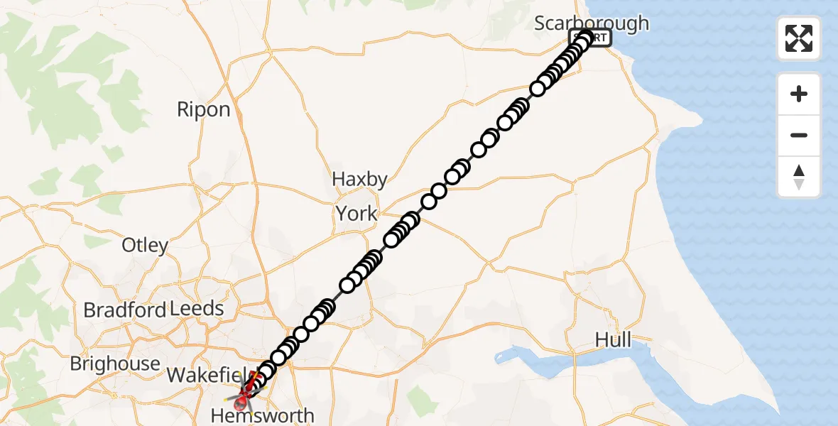 Flight route Air Ambulance Helicopter Scarborough - YAA Nostell Helicopter Port, 25 September 2026, 22:55