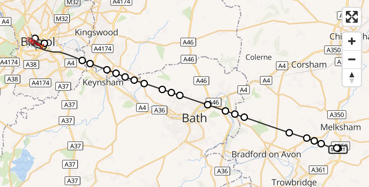 Flight route Air Ambulance Helicopter Wiltshire Air Ambulance - Bristol, 25 September 2026, 23:09