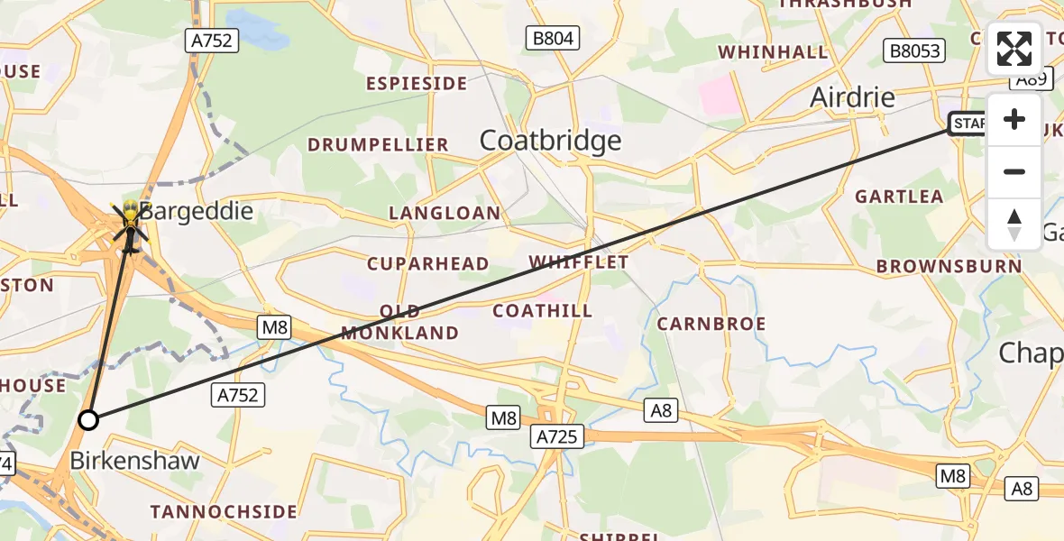 Flight route Police Helicopter Airdrie - Glasgow, 26 September 2026, 00:09