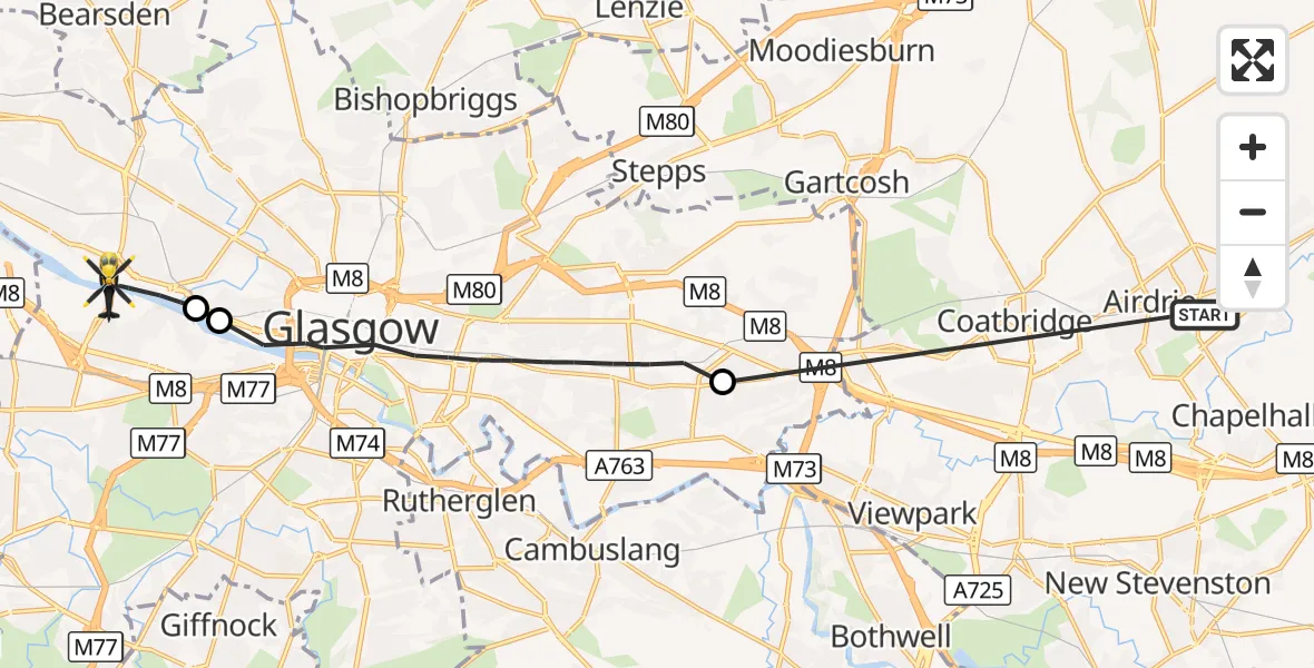 Flight route Police Helicopter Airdrie - Glasgow, 26 September 2026, 00:13