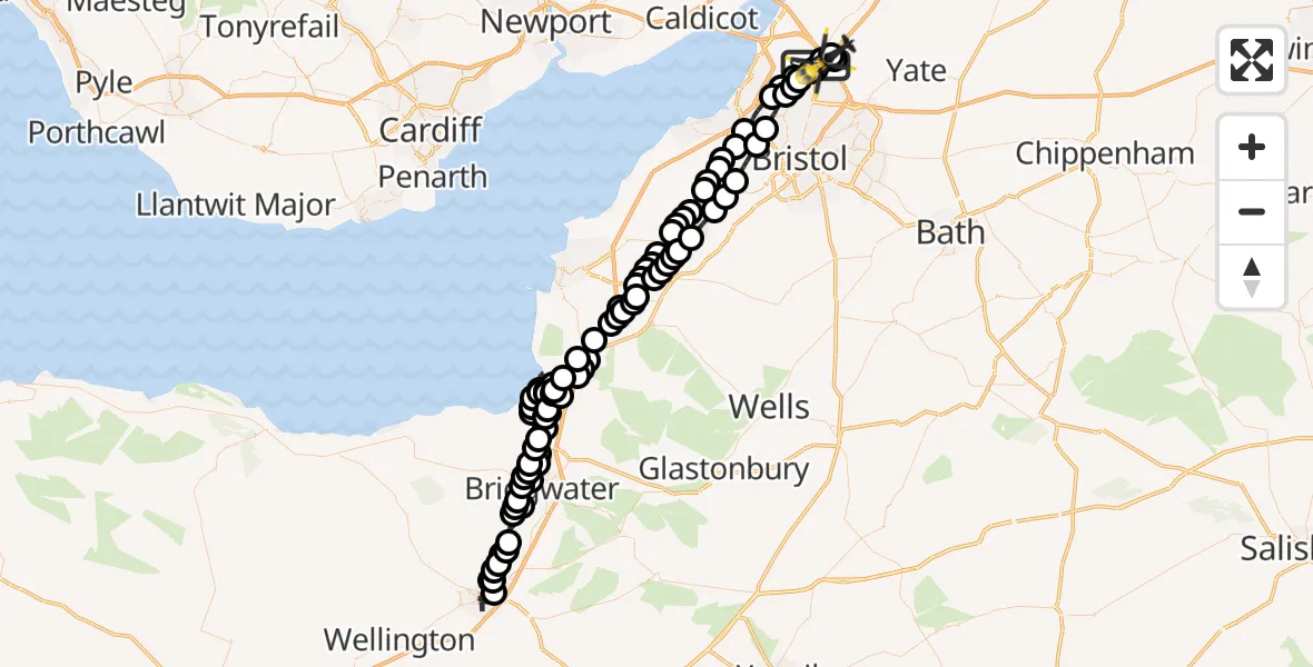 Flight route Police Helicopter Bristol - Almondsbury Helicopter Base, 26 September 2026, 00:42