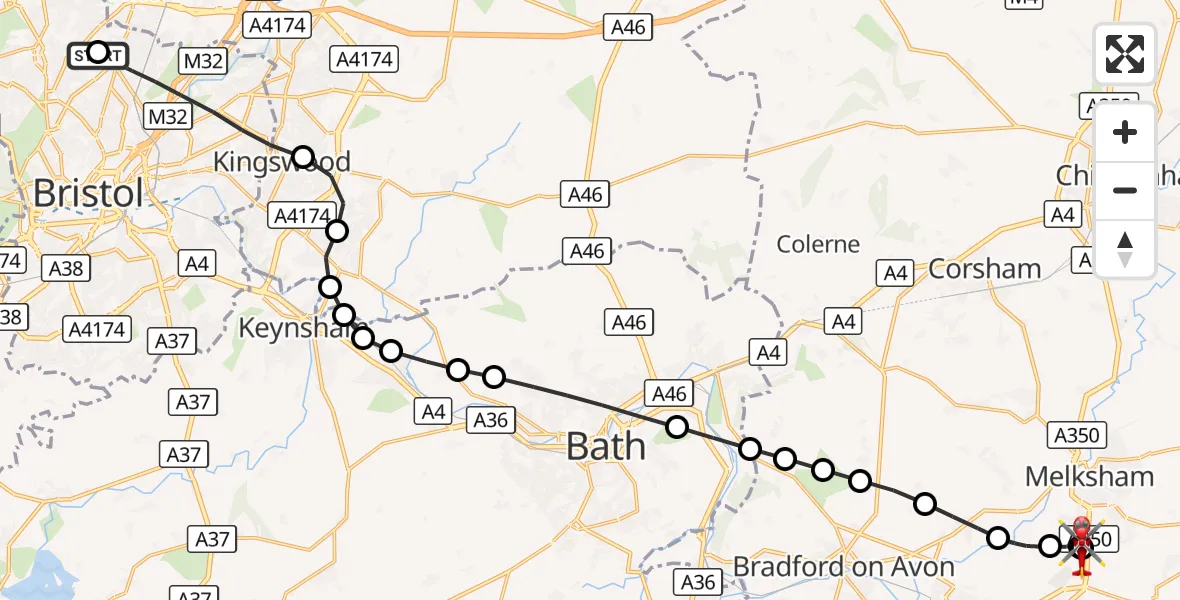 Flight route Air Ambulance Helicopter Southmead Hospital - Wiltshire Air Ambulance, 26 September 2026, 01:17