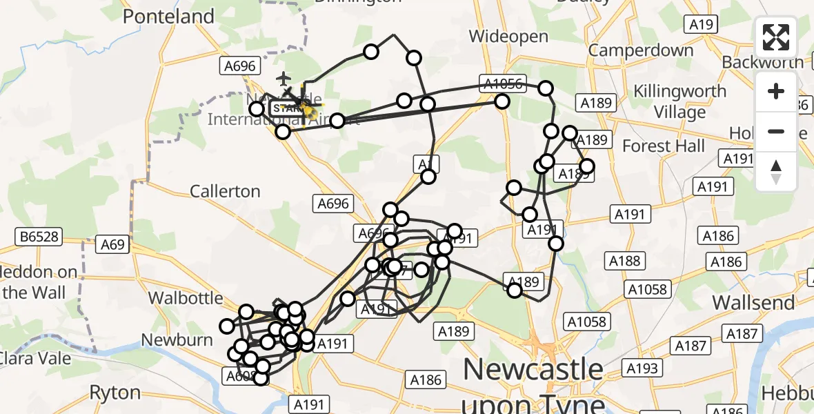 Flight route Police Helicopter Newcastle International Airport - Woolsington, 26 September 2026, 04:12