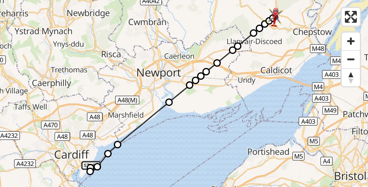 Flight route Air Ambulance Helicopter Cardiff Heliport - Itton Common, 26 September 2026, 06:14