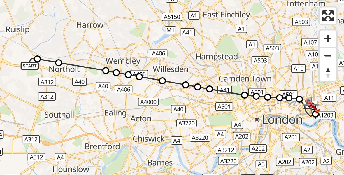 Flight route Air Ambulance Helicopter RAF Northolt - Royal London Hospital, 26 September 2026, 06:59