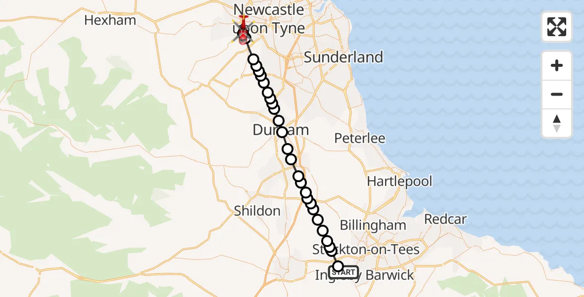 Flight route Air Ambulance Helicopter Egglescliffe - Gateshead, 26 September 2026, 07:19