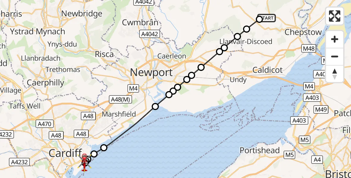 Flight route Air Ambulance Helicopter Itton Common - Cardiff Heliport, 26 September 2026, 07:33